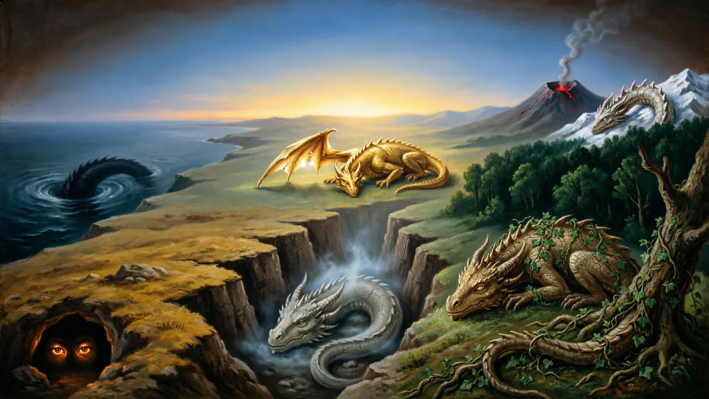 Los siete Dragones Mayores, dormidos en el paisaje del mundo