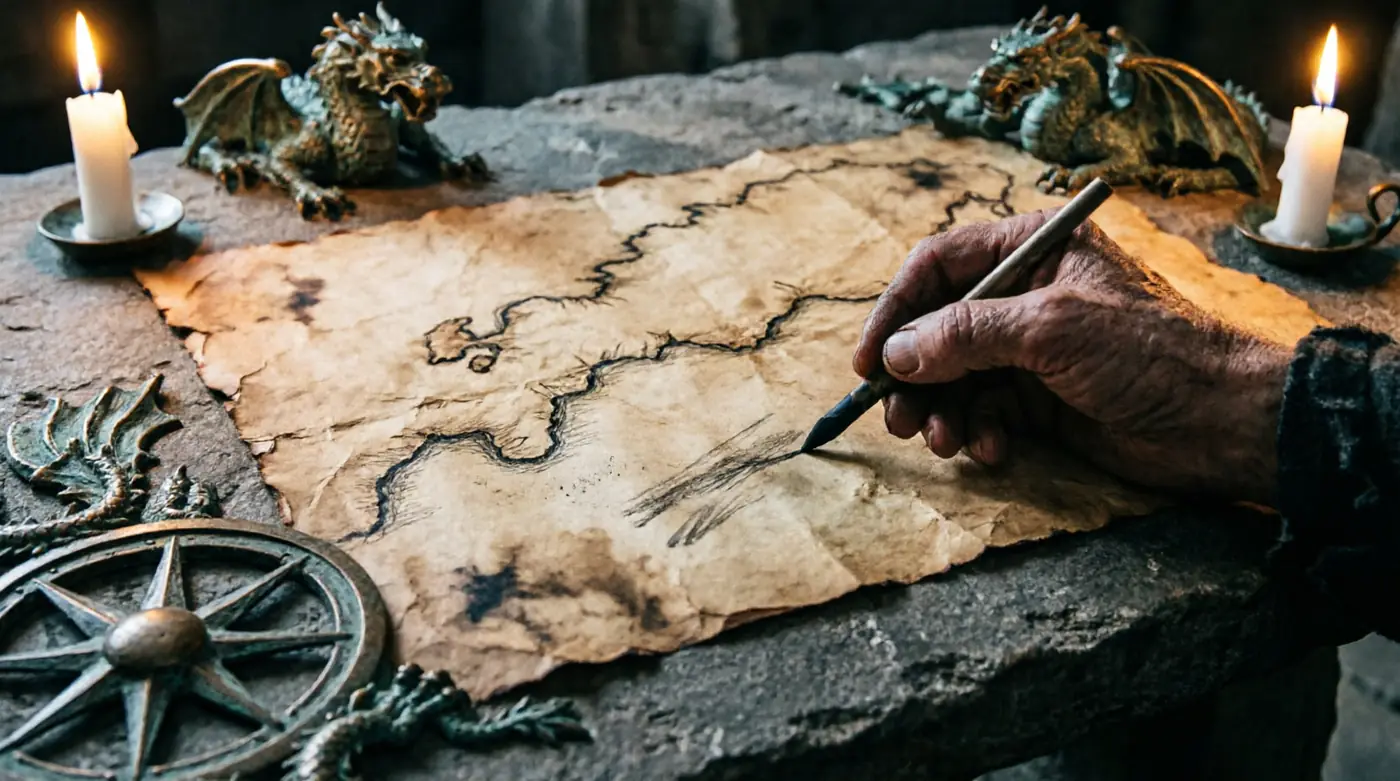 Un mapa a medio trazar, con la pluma todavía en la mano.