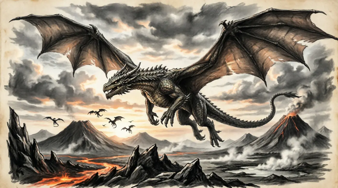 Un dragón sobre los volcanes del mundo recién hecho.