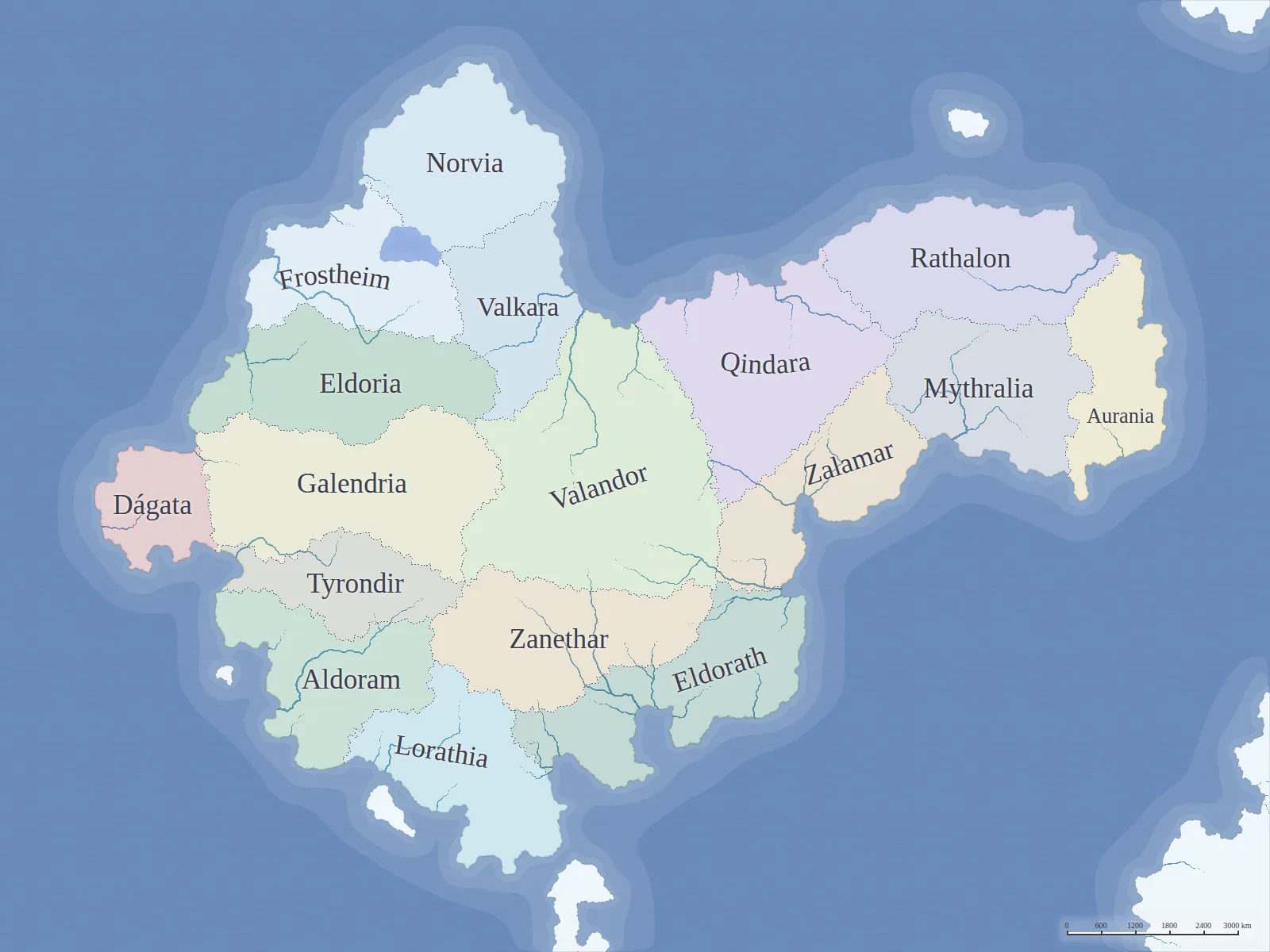 Valdrinia: las dieciséis naciones, Eldoria y las cordilleras que las separan.