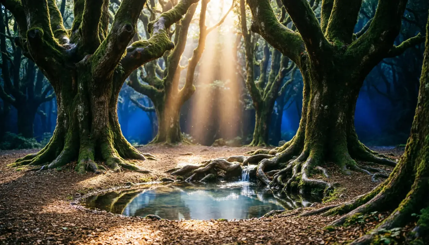 Una arboleda: agua, árboles viejos y ningún camino que llegue.